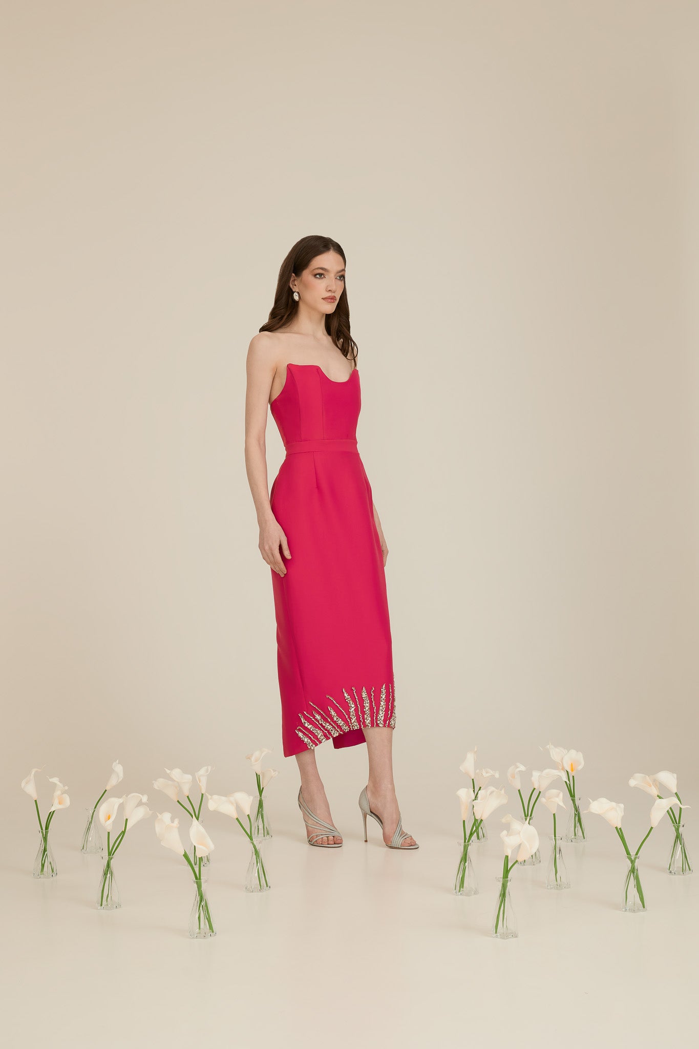 Midi Dress with Asymmetric Neckline and Stone Applique
