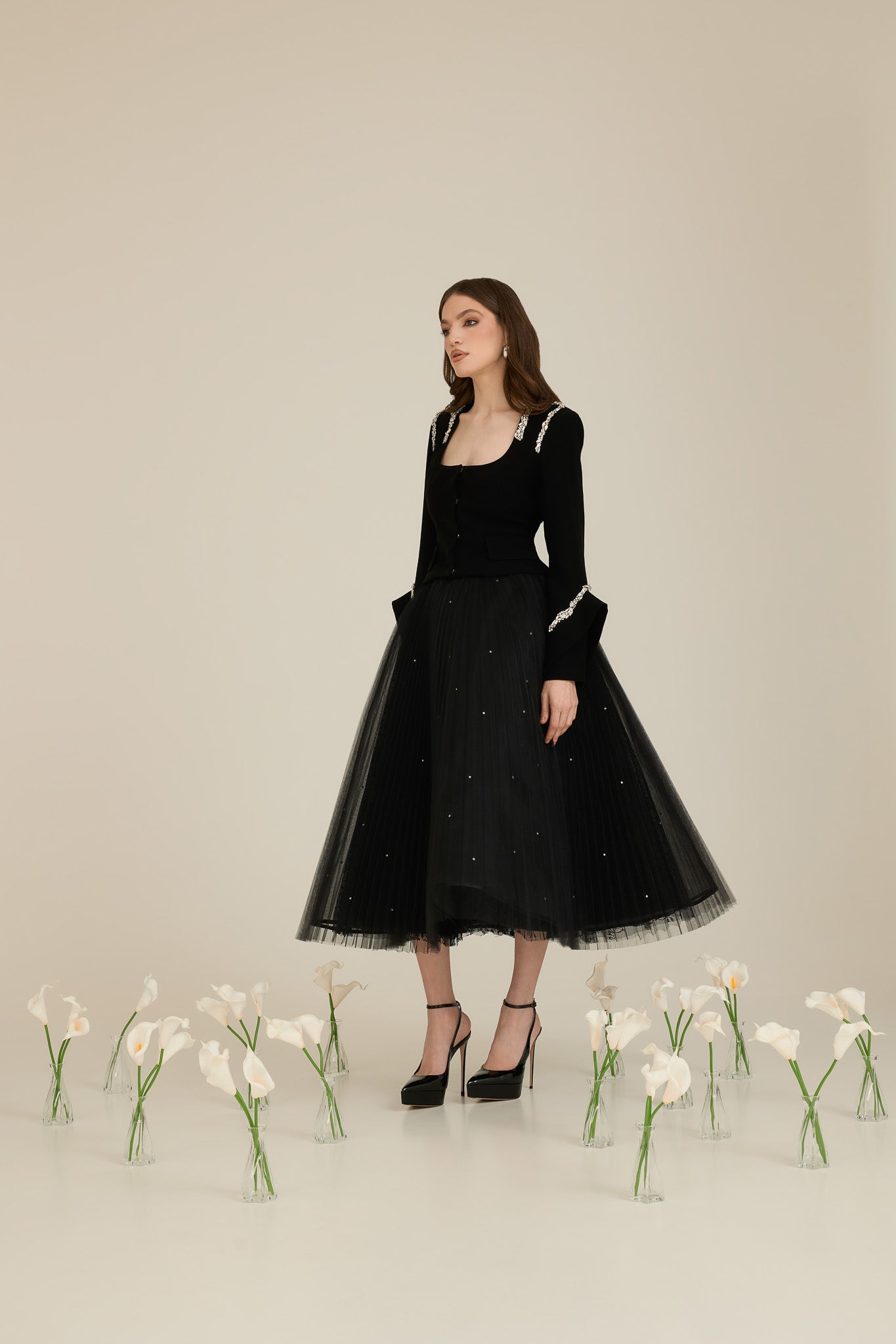 Suit with Crop Blazer and Tulle Skirt with Crystals