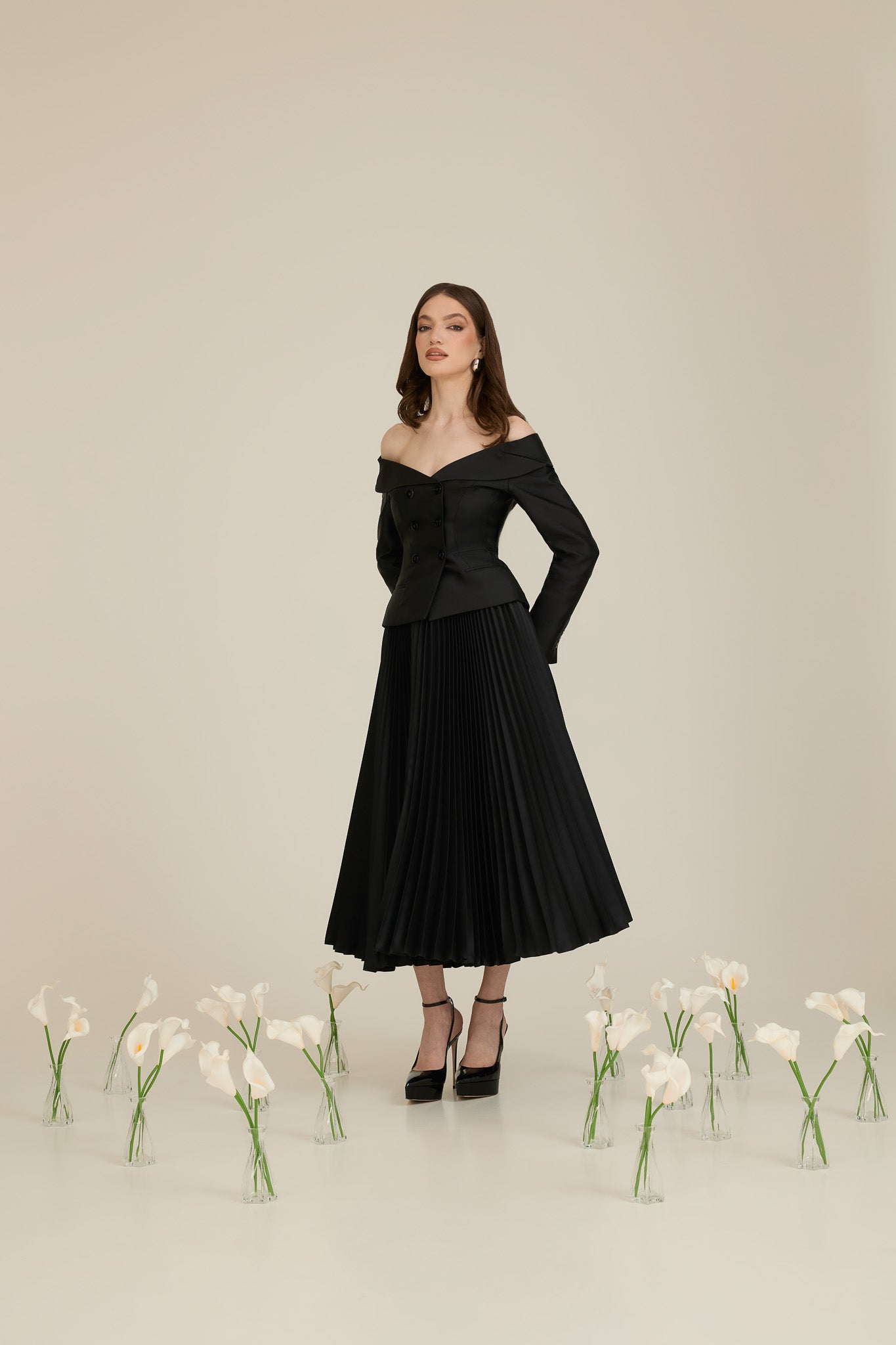 Taffeta Suit with Off-Shoulder Blazer