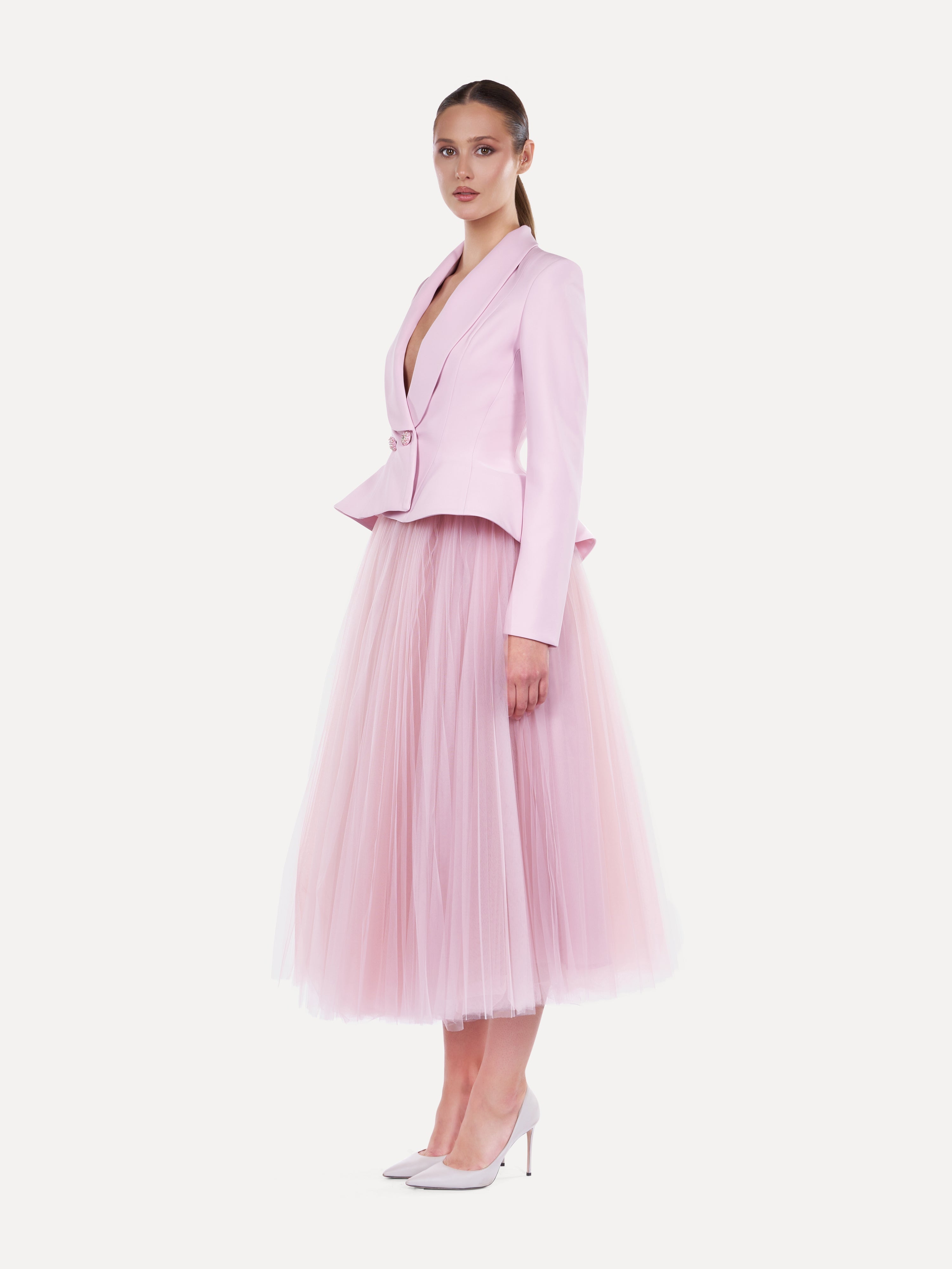 Costum elegant cu fusta midi din tulle Araftu Couture