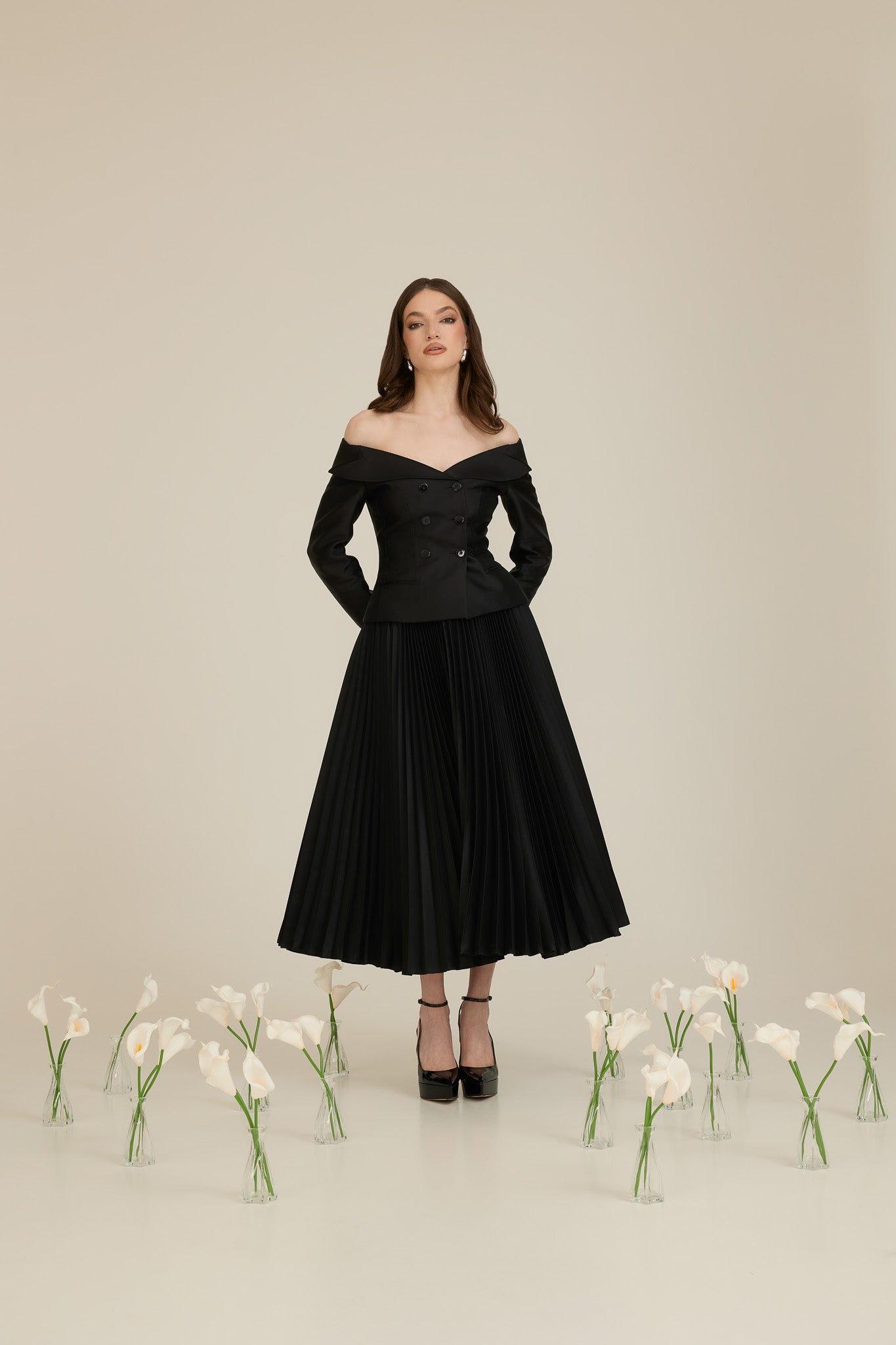Taffeta Suit with Off-Shoulder Blazer