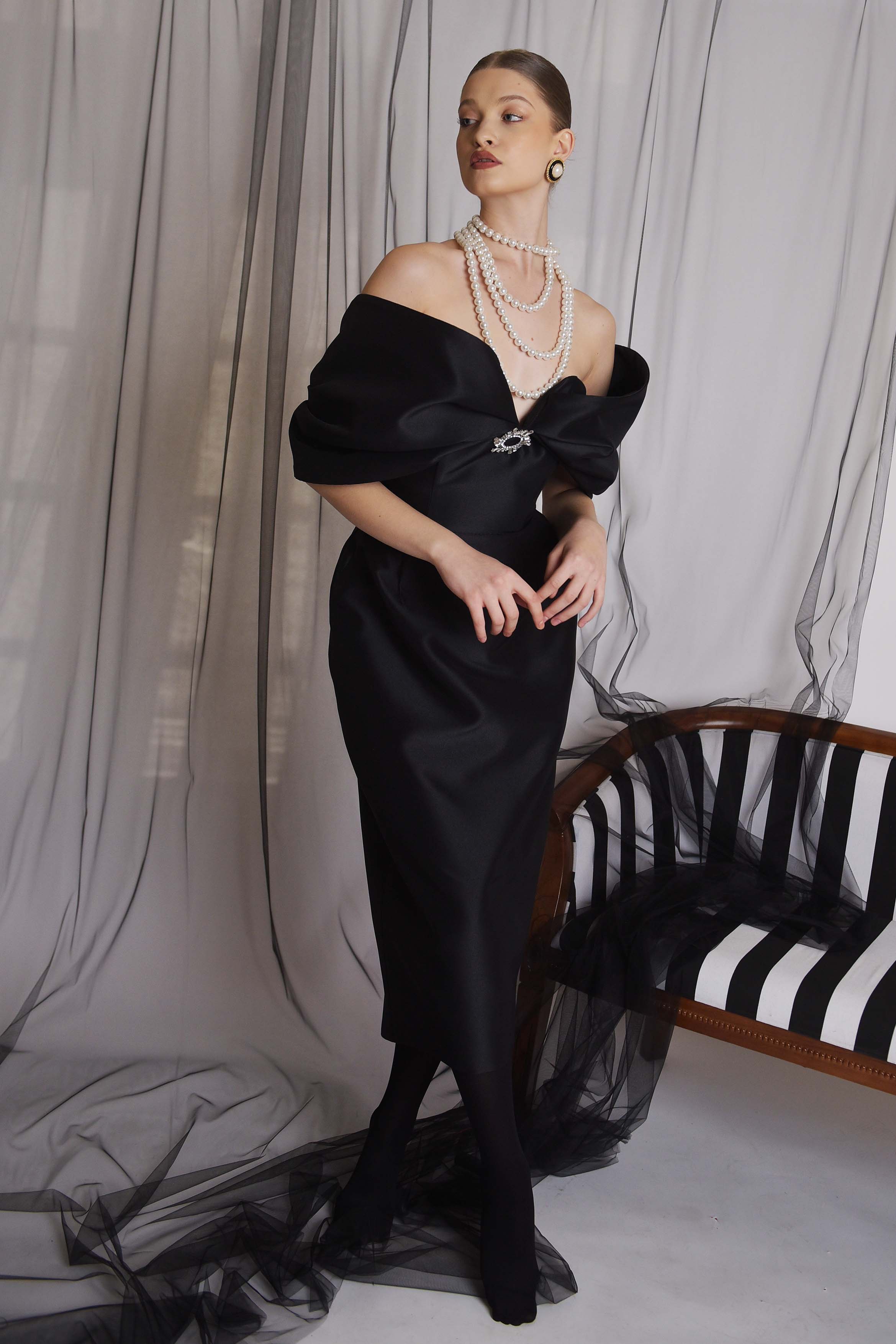 Rochie midi cu funda peste umeri Araftu Couture