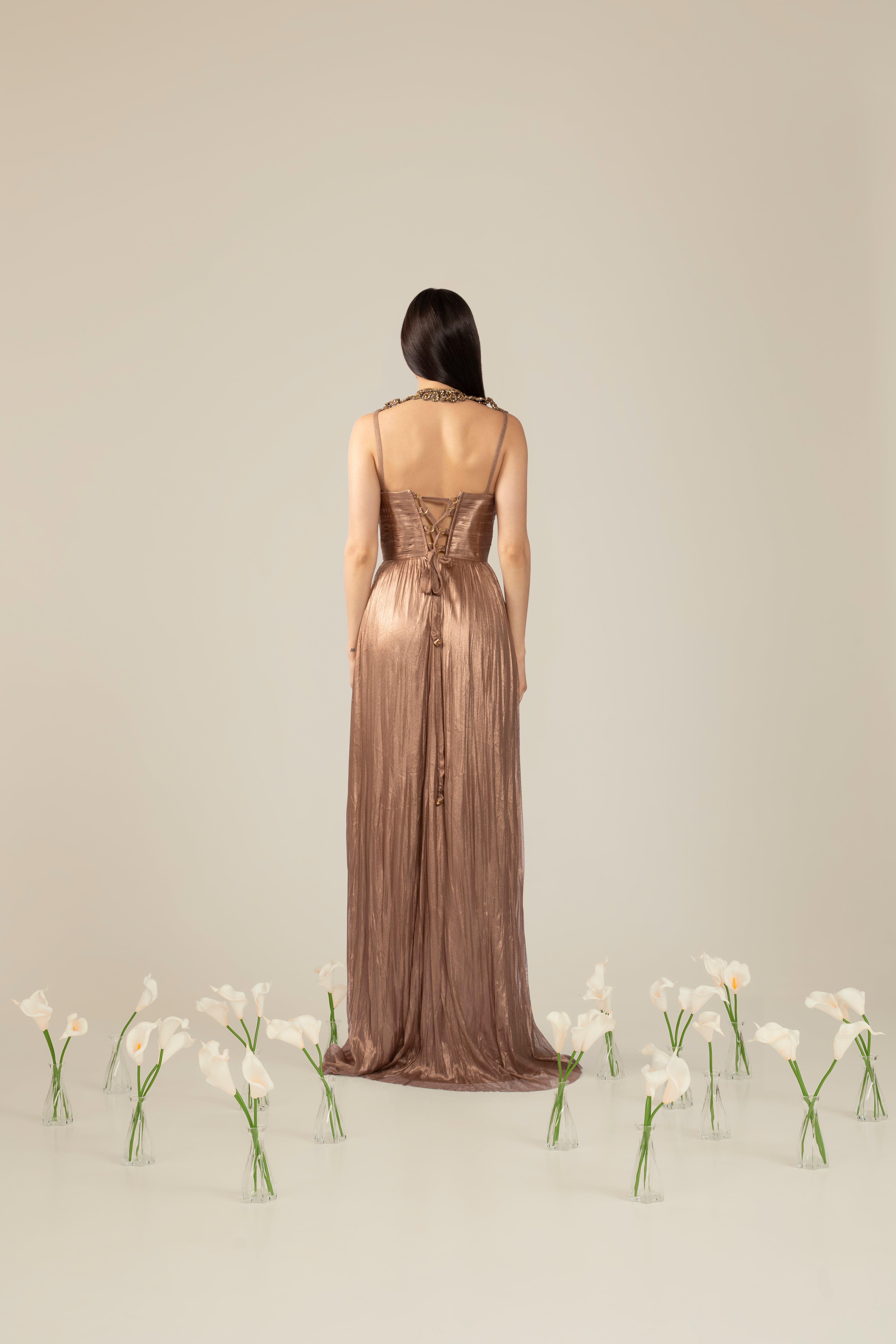 Rochie lunga din tulle de matase cu guler din pietre Araftu Couture