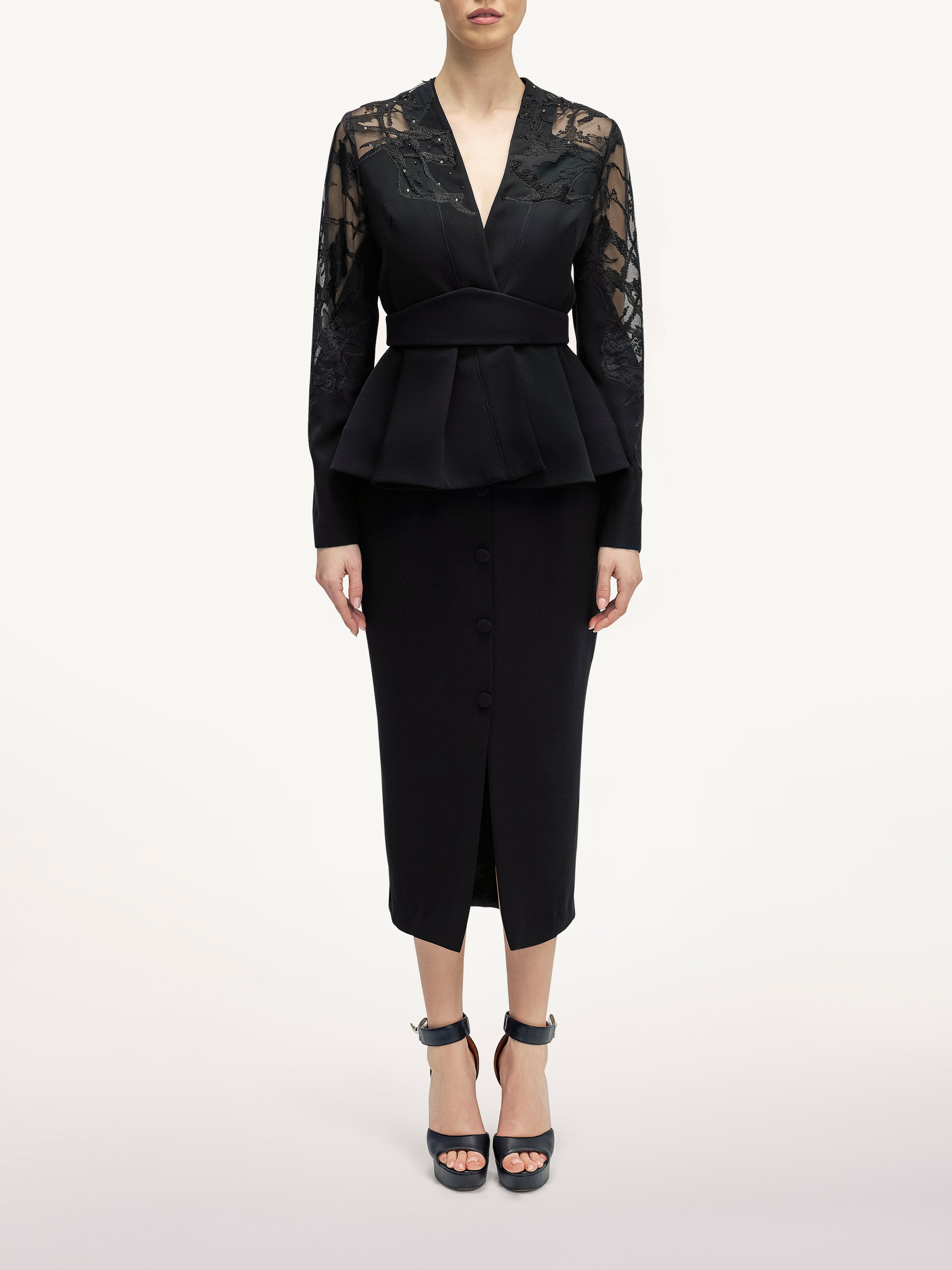 Costum cu fusta conica si Sacou Petrecut Araftu Couture