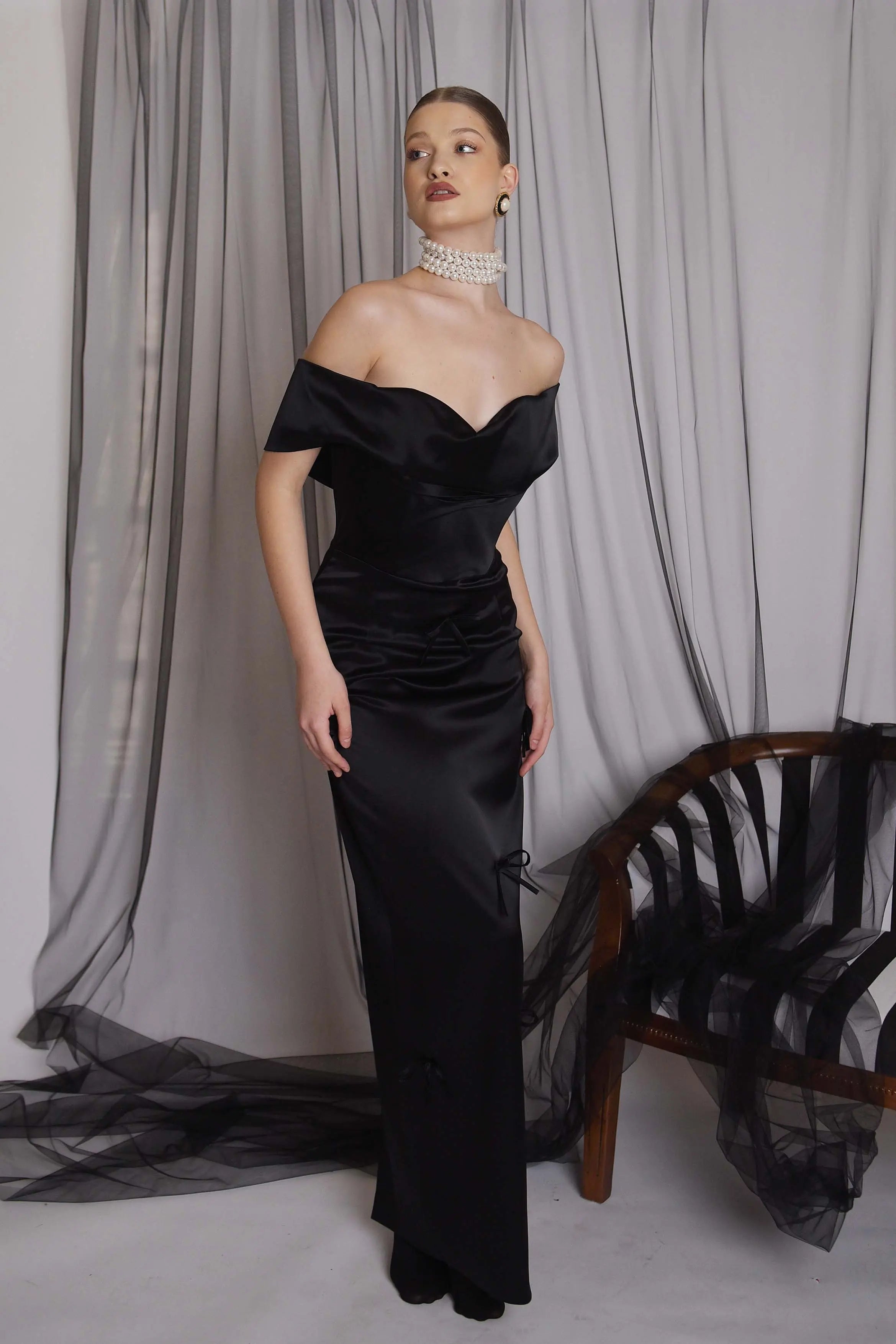 Rochie de seara pe umeri cu fundite Araftu Couture