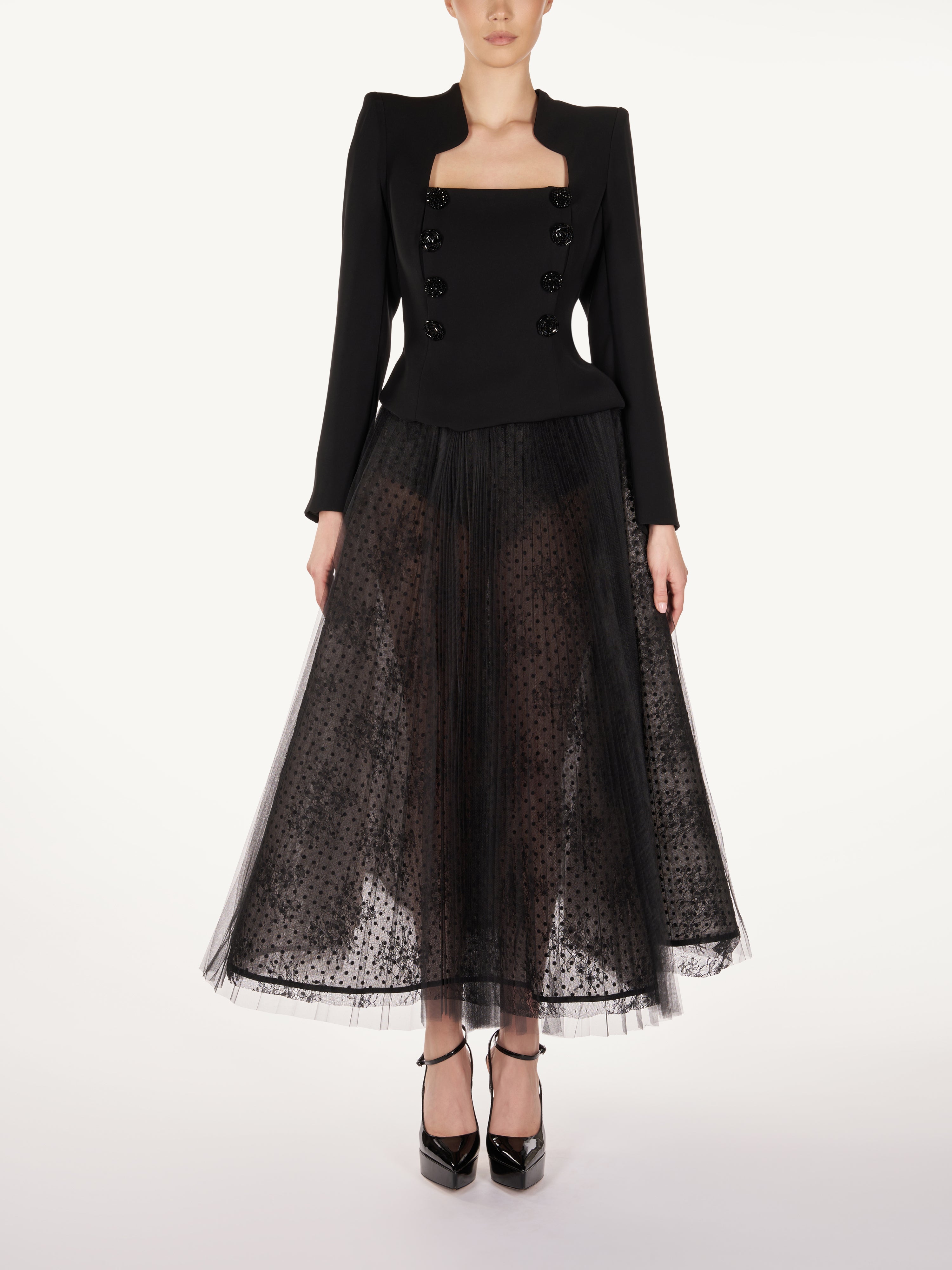 FITTED JACKET AND CHANTILLY LACE SKIRT Araftu Couture