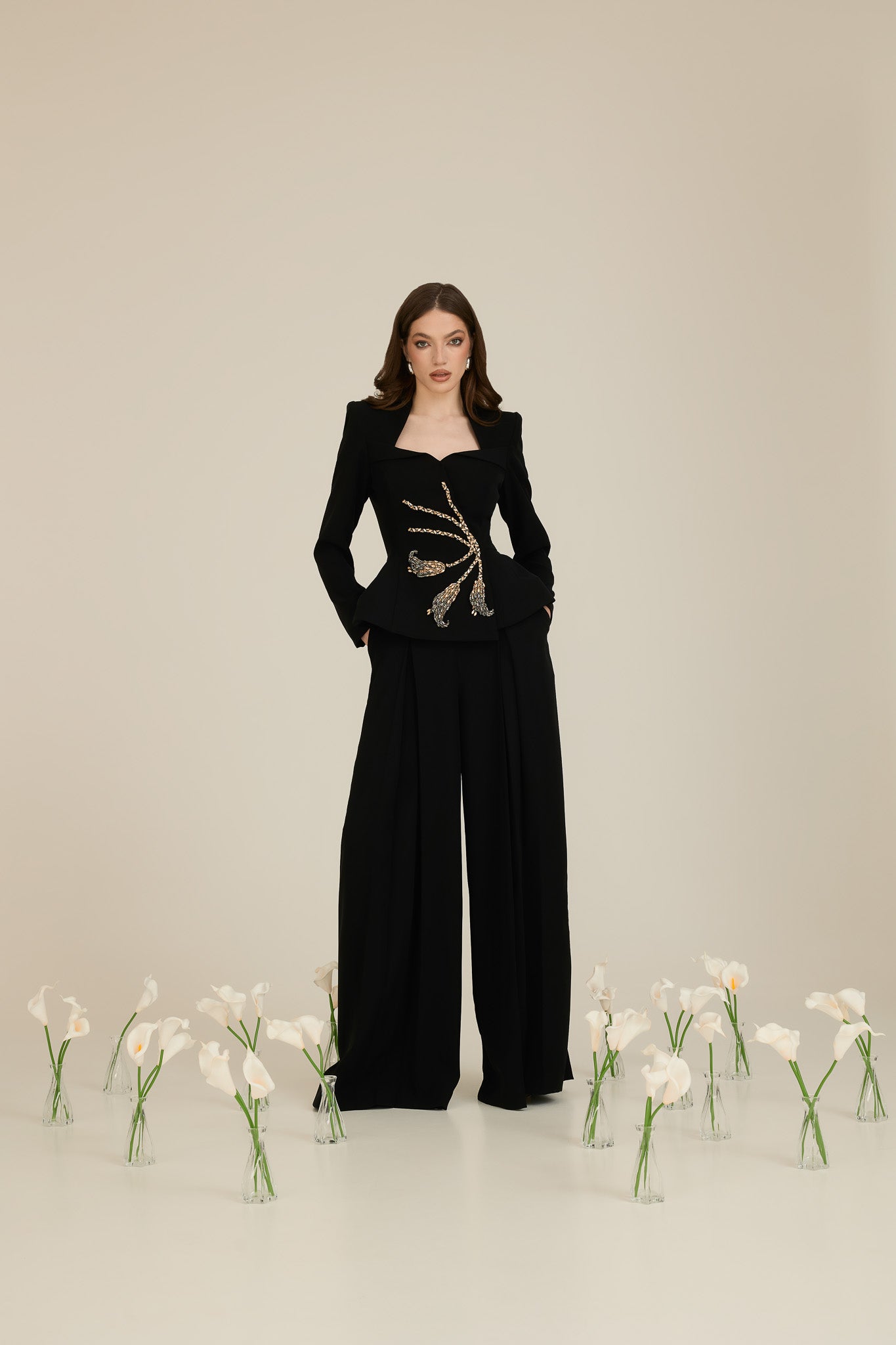 Suit with Wide Pants and 3D “Calla” Flower Applique Blazer