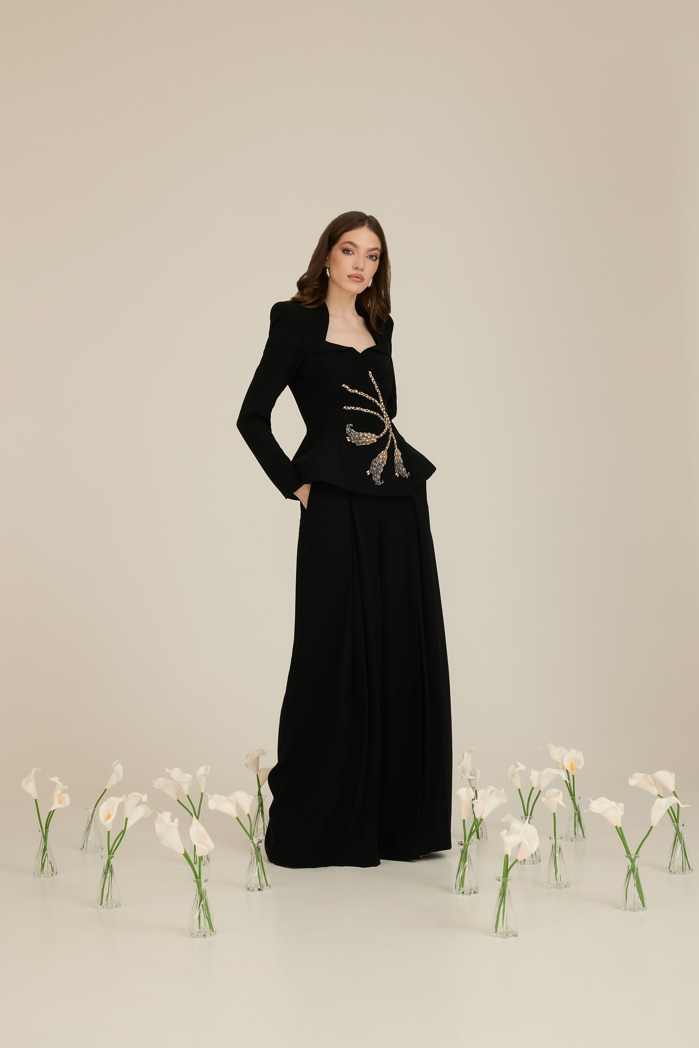 Suit with Wide Pants and 3D “Calla” Flower Applique Blazer