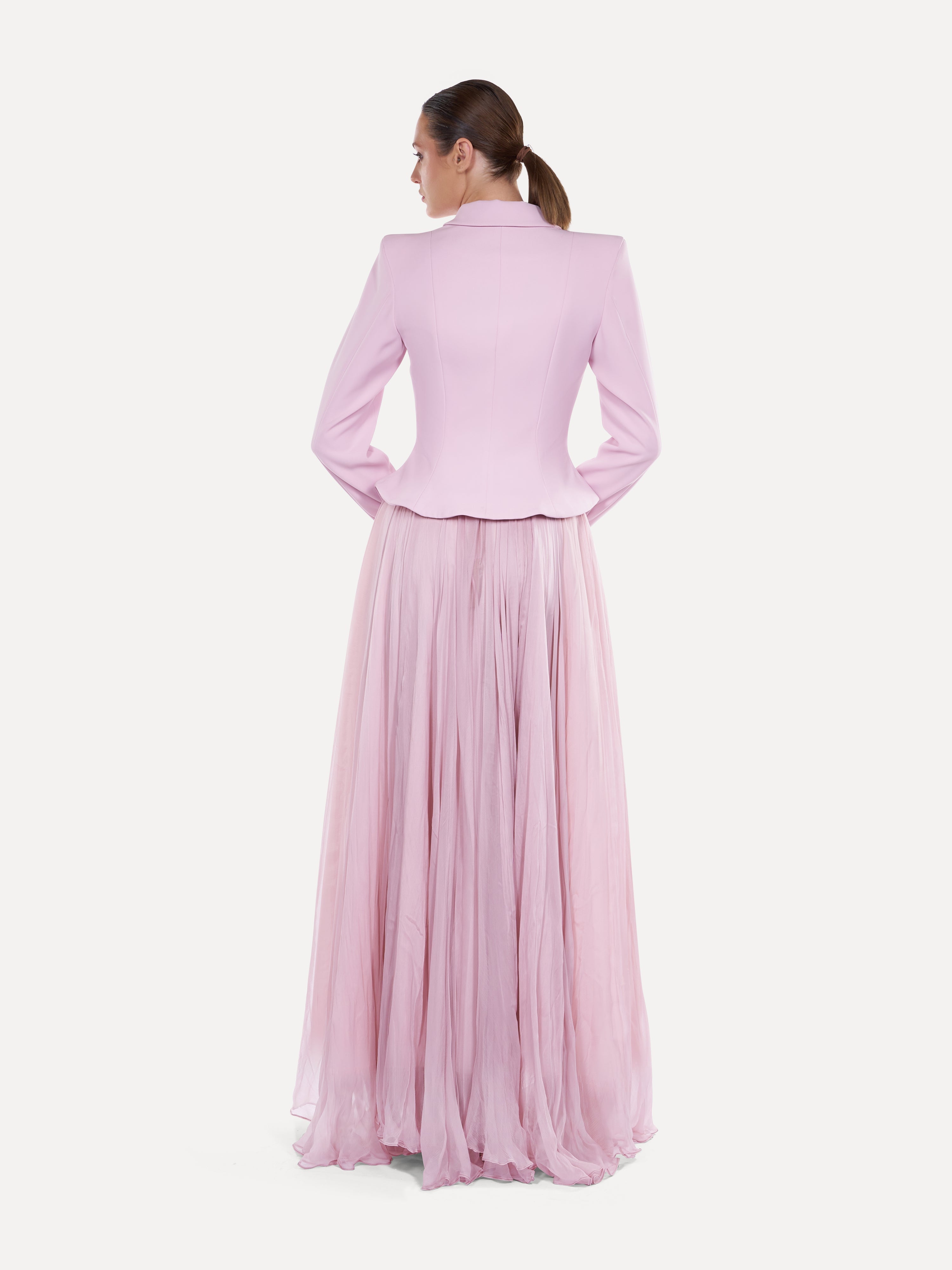 Costum cu sacou cambrat si fusta maxi din voal  Araftu Couture