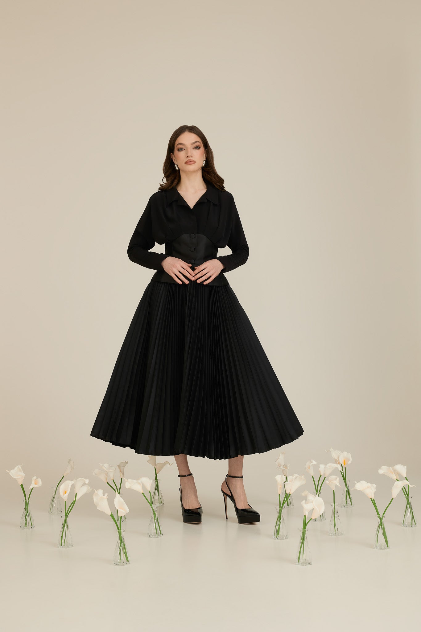 Taffeta Suit with A-Line Skirt and Short Jacket with Butterfly Sleeves