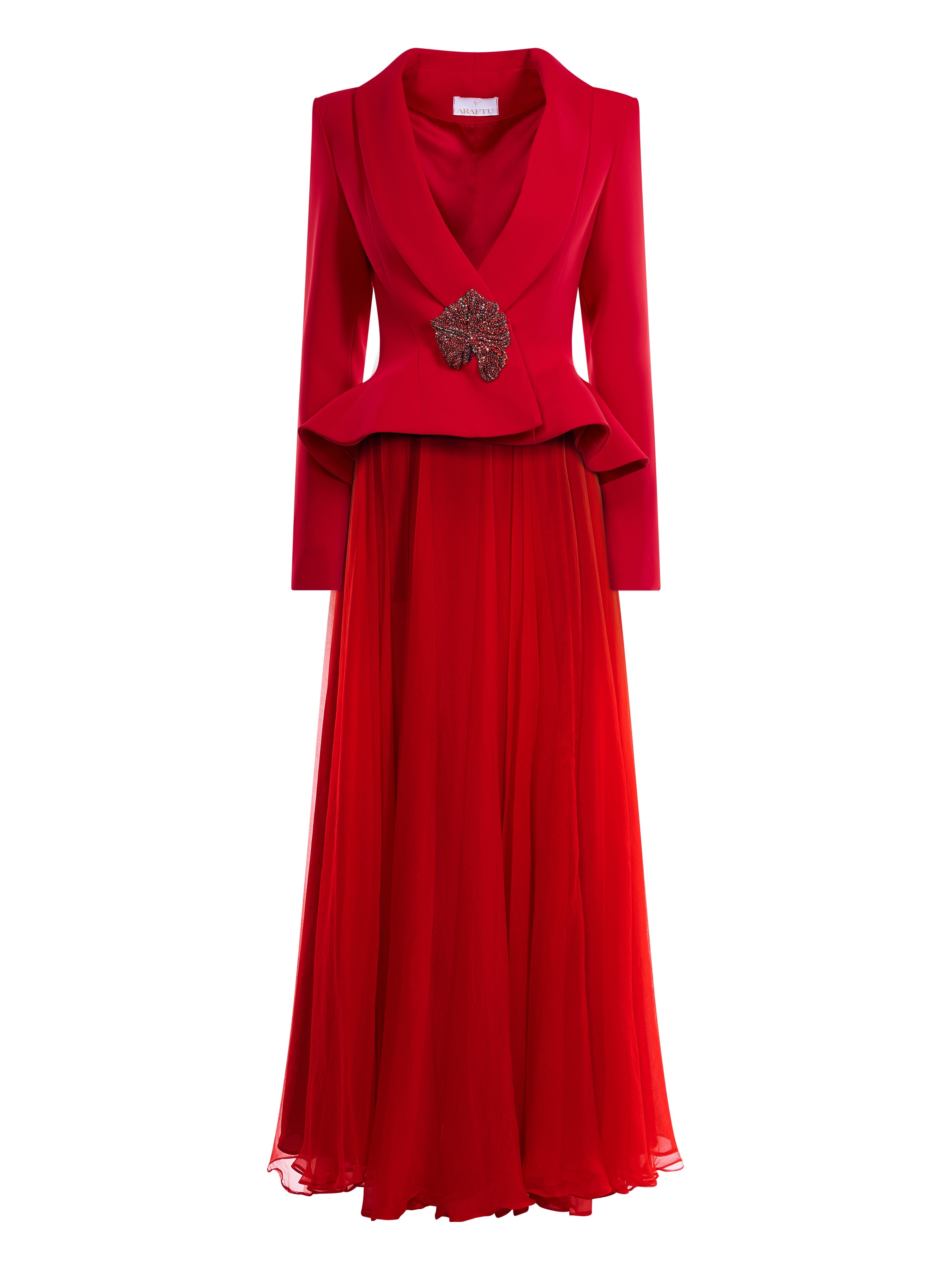 Costum cu sacou cambrat si fusta maxi din voal natural  Araftu Couture