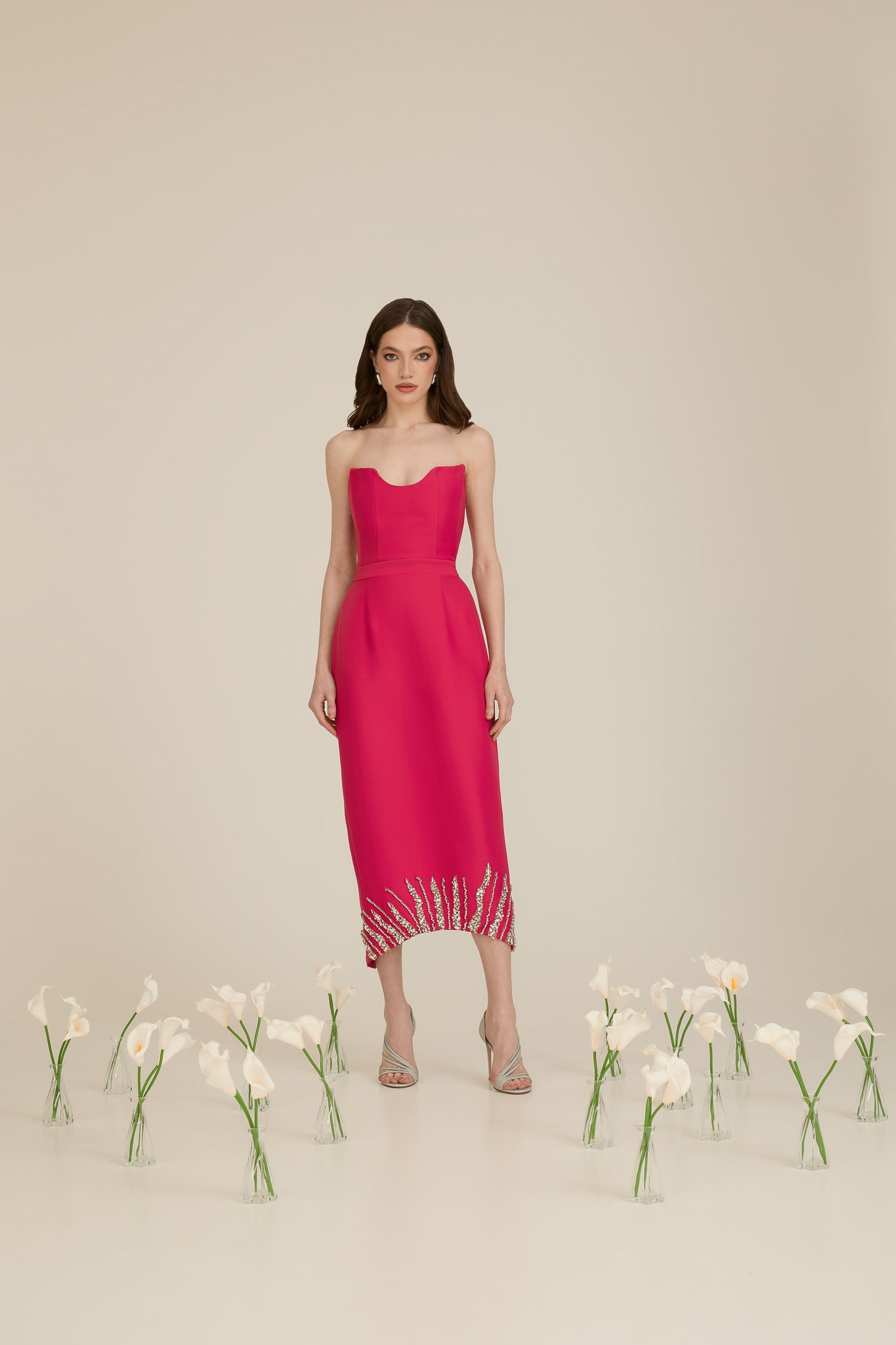 Midi Dress with Asymmetric Neckline and Stone Applique