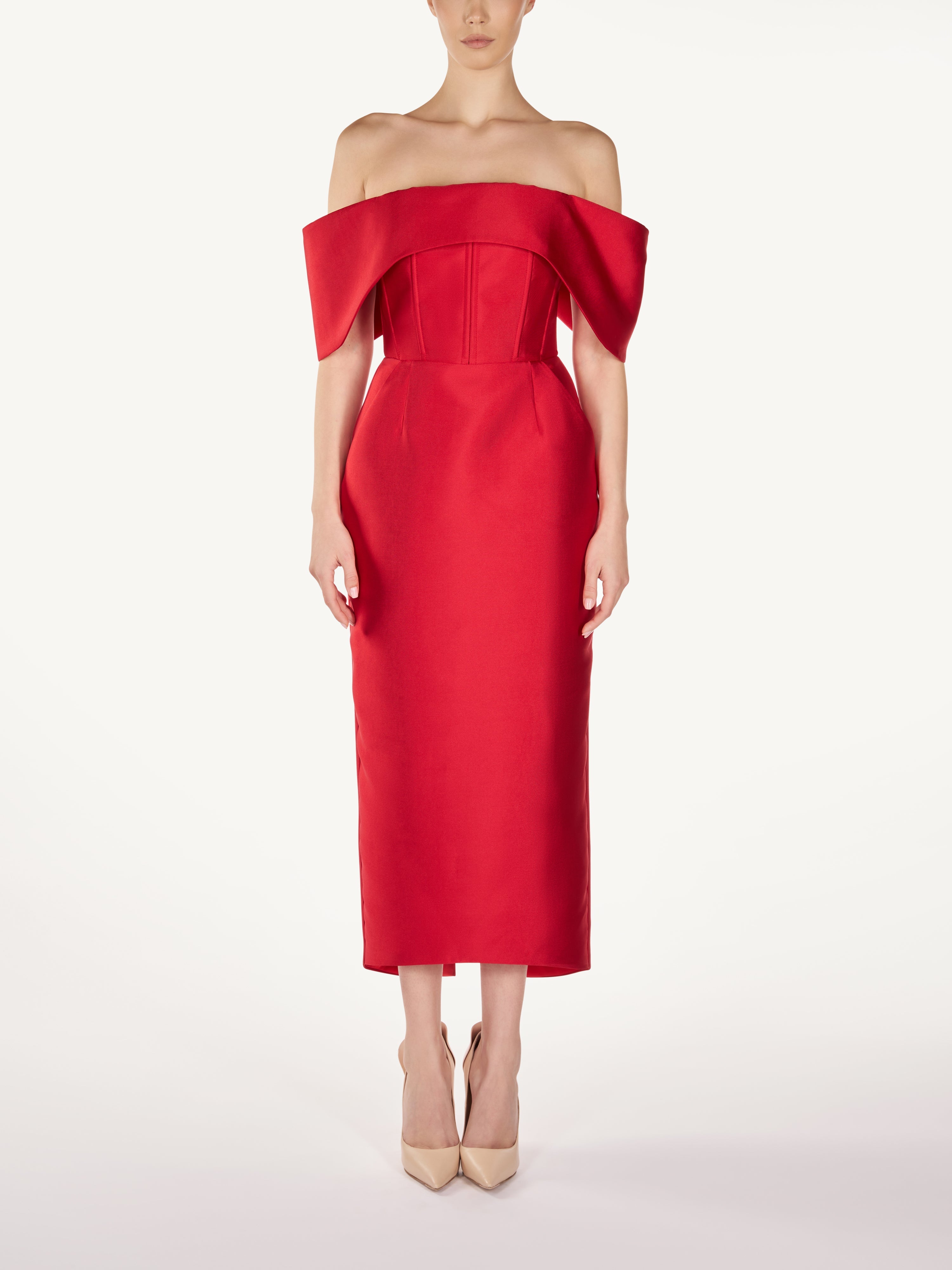 OFF SHOLDER STRUCTURED MIDI DRESS  Araftu Couture